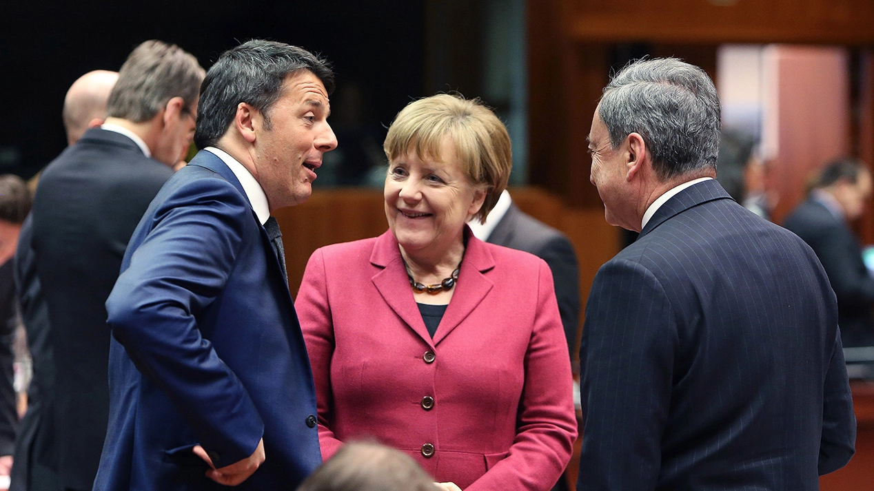 Matteo Renzi, Mario Draghi e Angela Merkel (ImagoE)