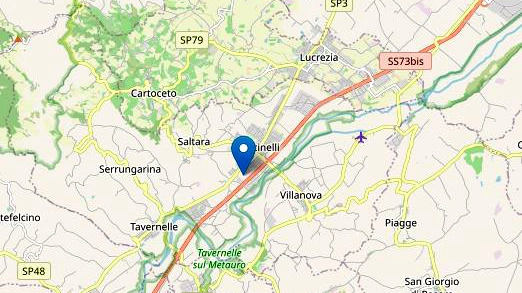 La cartina con l'epicentro del terremoto, proprio a Calcinelli di Colli al Metauro