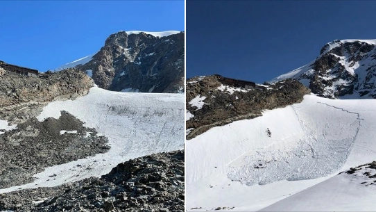 Il ghiacciaio Garstelet sul Monte Rosa nel 2021 e quest'anno (Fondazione Montagna sicura)
