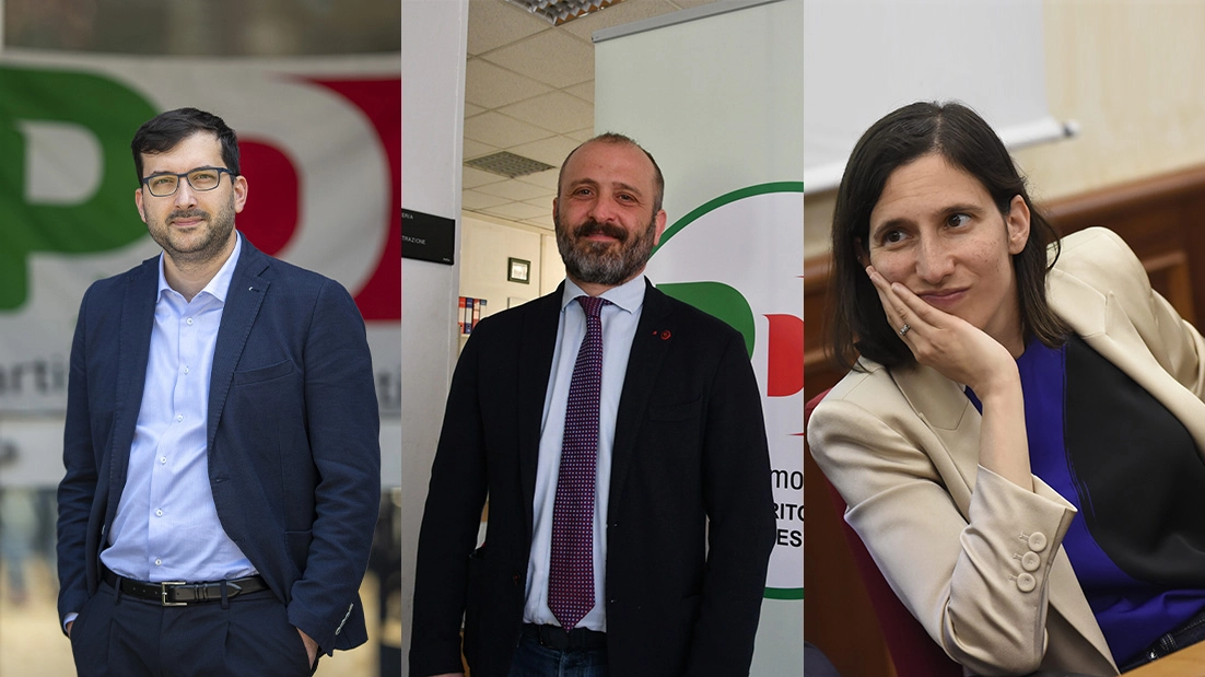 Da sinistra: Alessandro Gasperini, lo sfidante; Daniele Valbonesi, il sindaco di Santa Sofia che guidava il partito dall’ottobre 2019; Elly Schlein, segretaria del Pd
