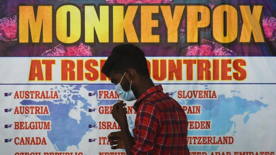 Un cartello con i nomi dei Paesi a rischio per il vaiolo delle scimmie (Ansa)