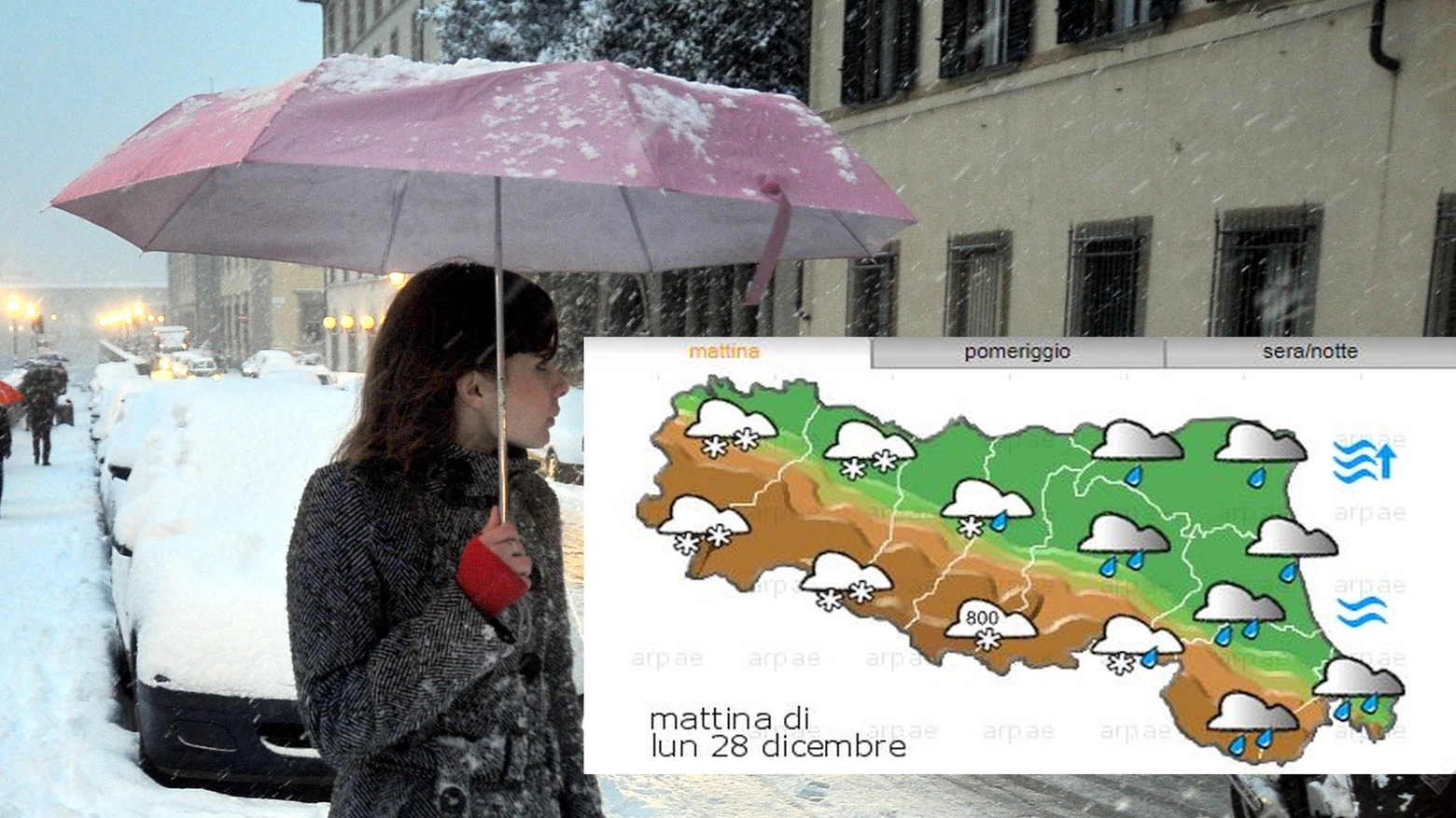 Neve e gelicidio: le previsioni per lunedì 28 dicembre in Emilia Romagna (mappa Arpae)