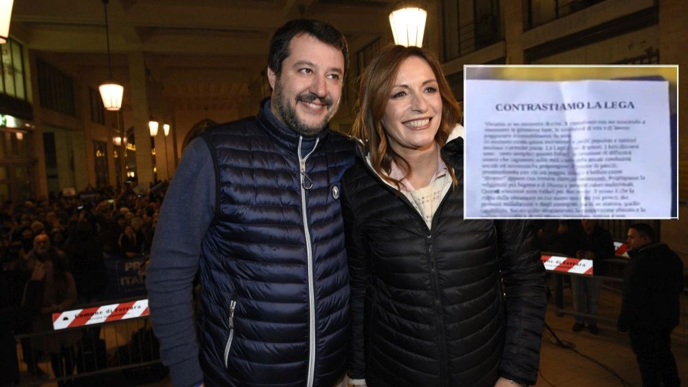 Matteo Salvini, Lucia Borgonzoni e il volantino distribuito in via Marconi