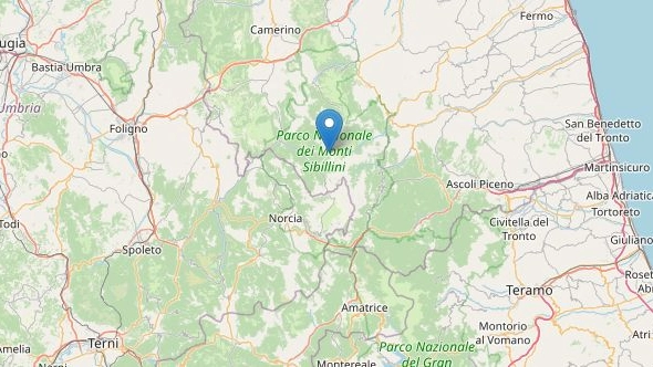 Marche, l'epicentro del terremoto di oggi (fonte Ingv-OpenStreetMap)