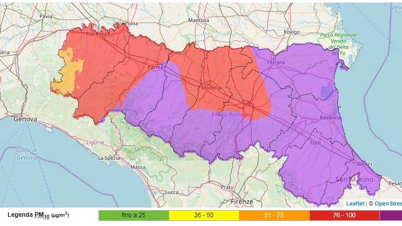 La mappa dell'inquinamento da pm10 in Emilia Romagna (dati ArpaEr)