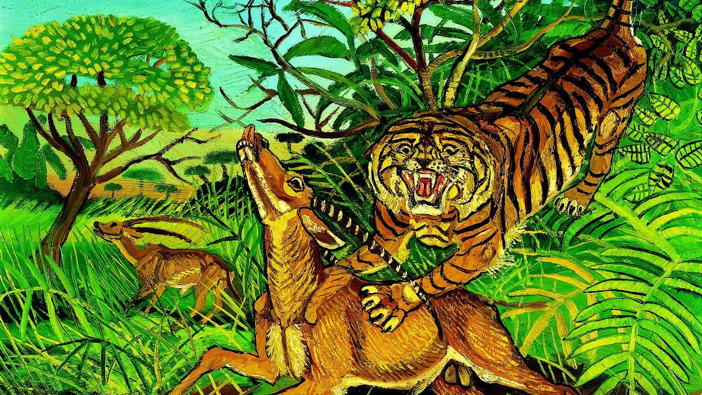 Tigre con gazzella, olio su tela, tra le opere di Antonio Ligabue in mostra ai Diamanti