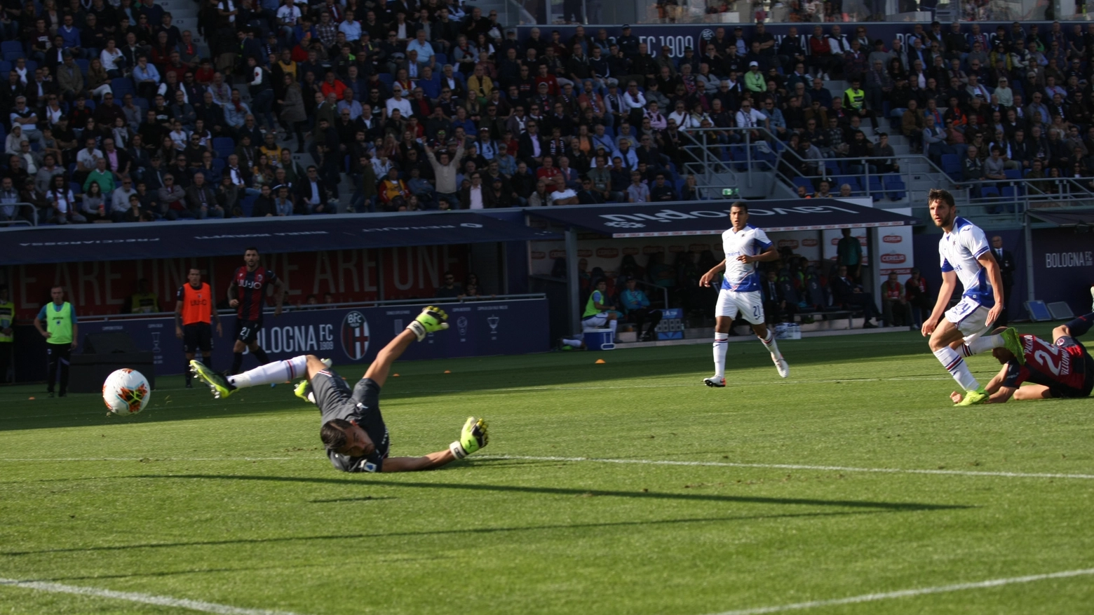 Il gol dell'1-0 di Palacio (foto Schicchi)