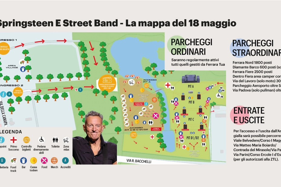 La mappa del concerto di Bruce Springsteen a Ferrara