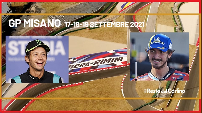 Il circuito di Misano con due protagonisti: Valentino Rossi e Francesco Bagnaia