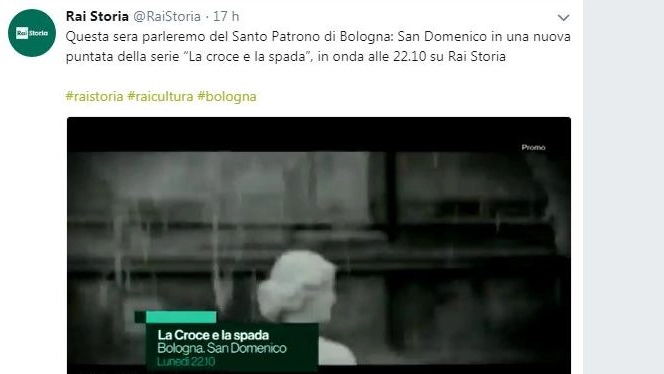 Il tweet di Rai Storia dove si indica Domenico come santo patrono di Bologna