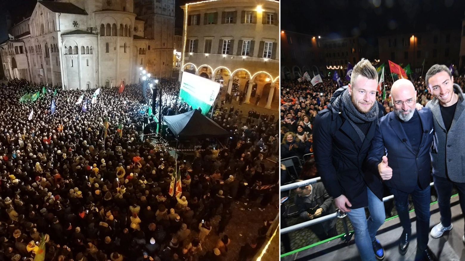 Piazza Grande piena per celebrare la vittoria del governatore alle elezioni regionali dell'Emilia Romagna. Presenti anche Zingaretti e Zaytsev: "Ci sono facce felici"