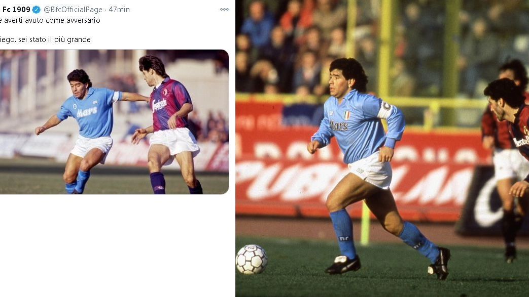 Il tweet del Bologna e Diego Maradona in azione contro i rossoblù (foto Sabattini)