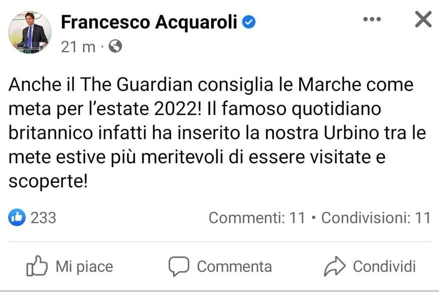 Il post di Acquaroli: "Le Marche e Urbino meta dell'estate 2022 sul Guardian"