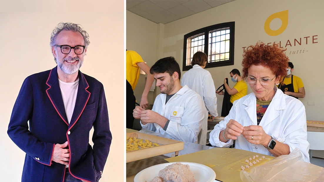 Lo chef Massimo Bottura e a destra il laboratorio di Tortellante