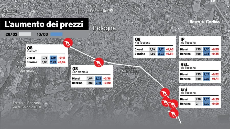 Aumento prezzi carburante a Bologna: la mappa