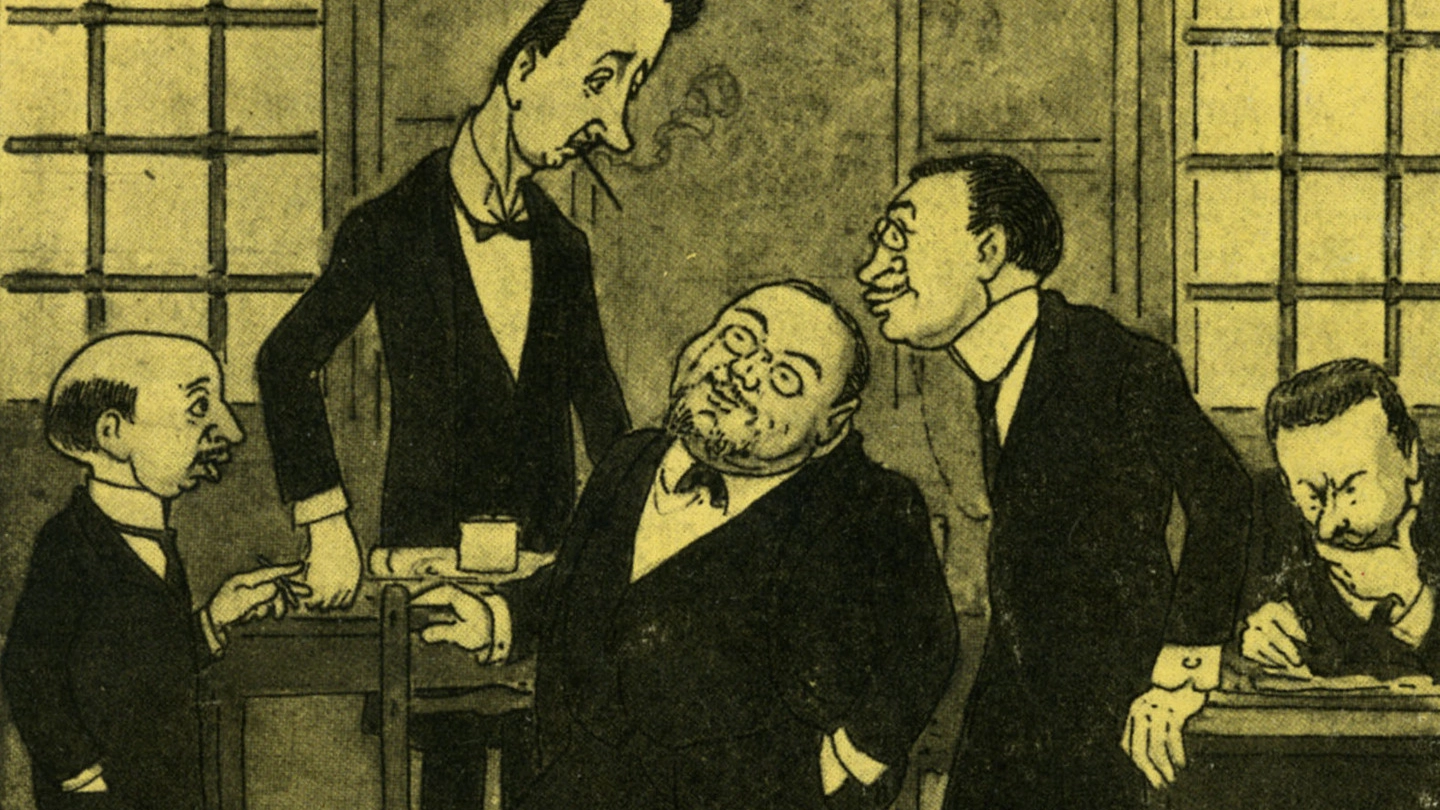 Immagini storiche del ‘Carlino’: i quattro fondatori in una vignetta di Nasìca (Augusto Majani)