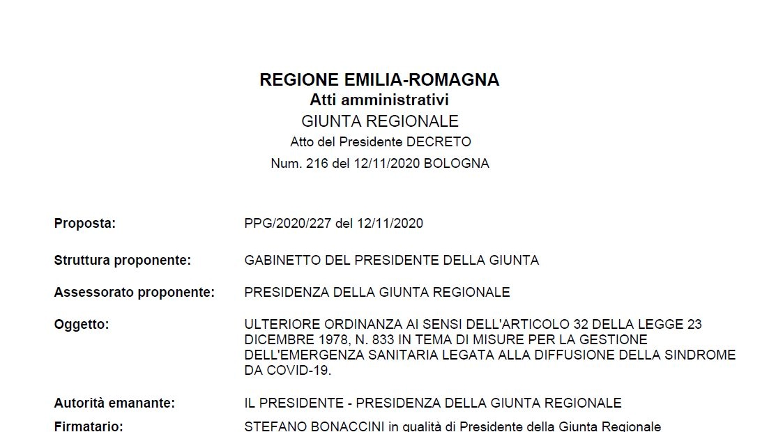 Covid, l'ordinanza della regione Emilia Romagna in vigore dal 14 novembre
