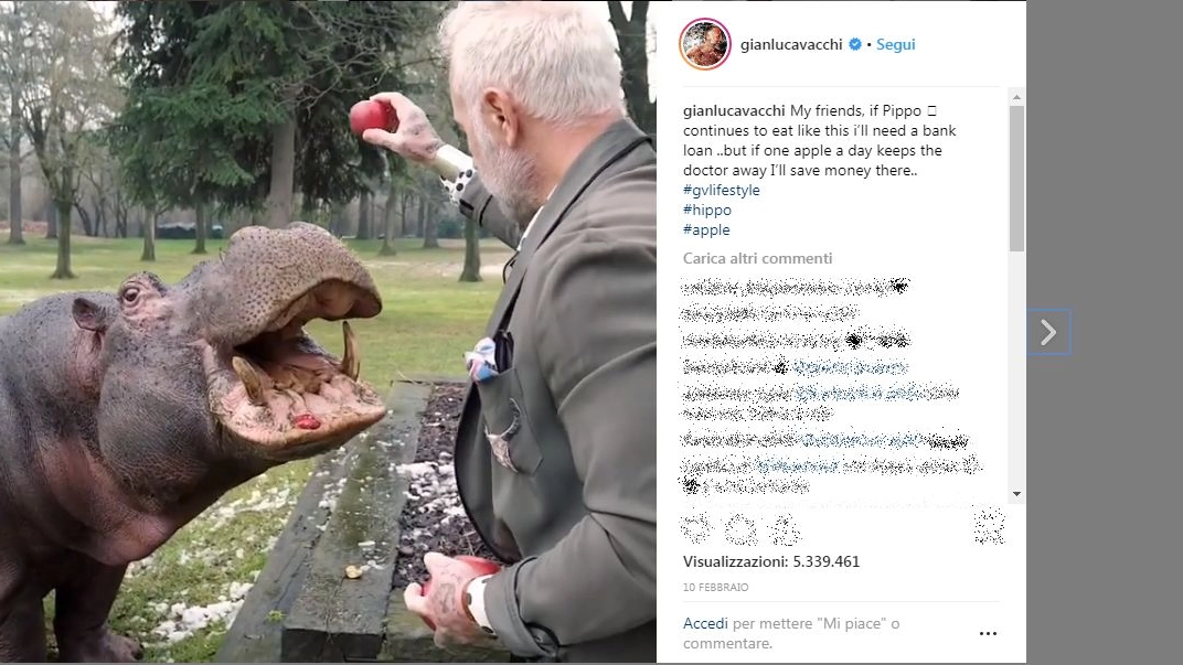 Gianluca Vacchi e l'ippopotamo in giardino (da Instagram)