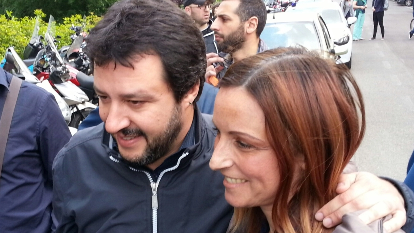 Matteo Salvini e Lucia Borgonzoni. Il leader della Lega torna a Bologna giovedì 26 maggio (foto Dire)