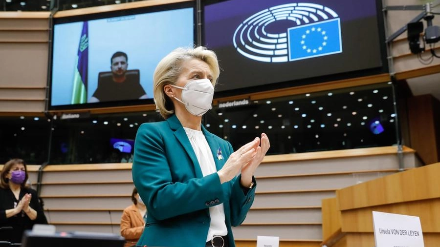 Il presidente ucraino Zelensky in collegamento con il Parlamento europeo