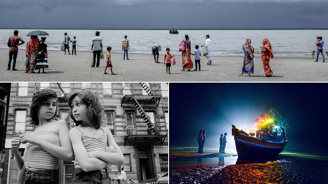 Sopra, la foto Datto sottolinea la difficoltà di accesso a molte isole; in basso, a sinistra, uno degli scatti di Susan Meiselas esposti nella sua retrospettiva; a destra, il fotografo indiano Arko Datto lavora sulla catastrofe nel Delta del Bengala