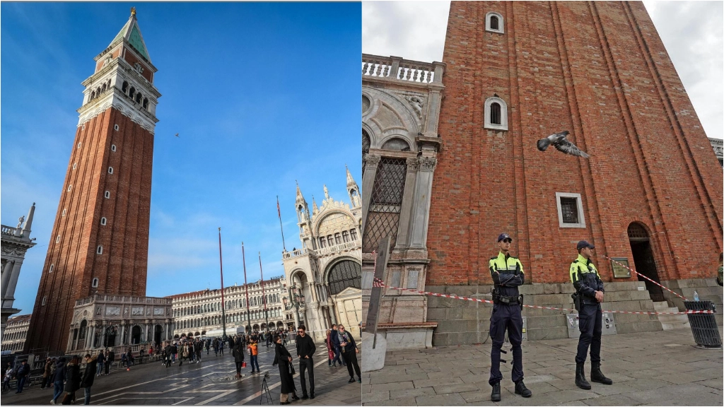 Il campanile di San Marco a Venezia. L'area presidiata dalla polizia