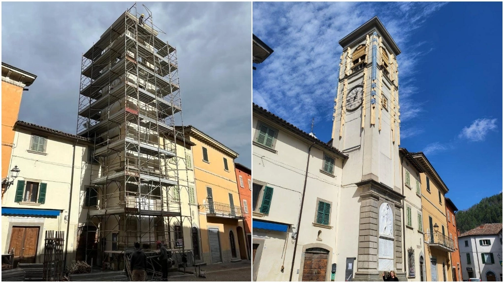 La torre civica, simbolo del paese, durante e dopo la messa in sicurezza