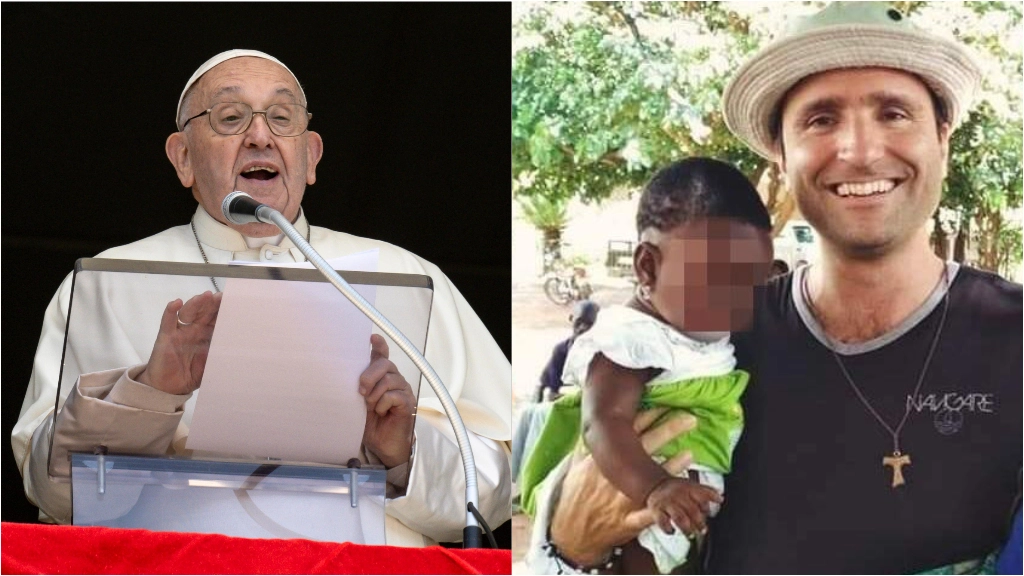 Papa Francesco, a sinistra e a destra padre Matteo Pettinari, missionario della Consolata in Costa d'Avorio morto in un incidente stradale in Africa
