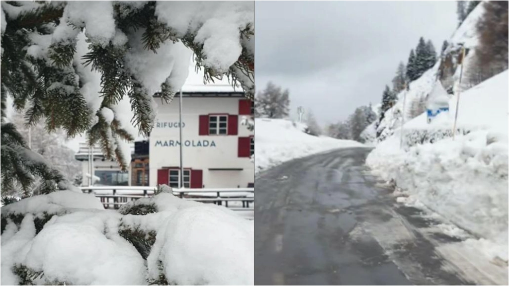 Ondata di maltempo sulle montagne del Veneto. Record di neve a Re Vales. Strani riflessi gialli in molte zone: è la sabbia del Sahara trasportata dal vento