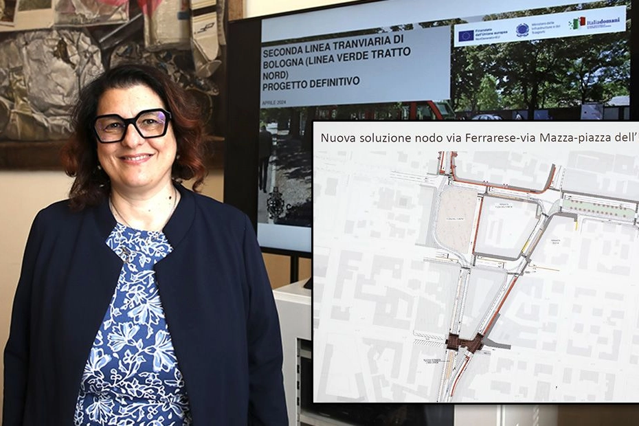 L'assessora alla nuova Mobilità Valentina Orioli e la mappa della Linea Verde del  tram a Bologna