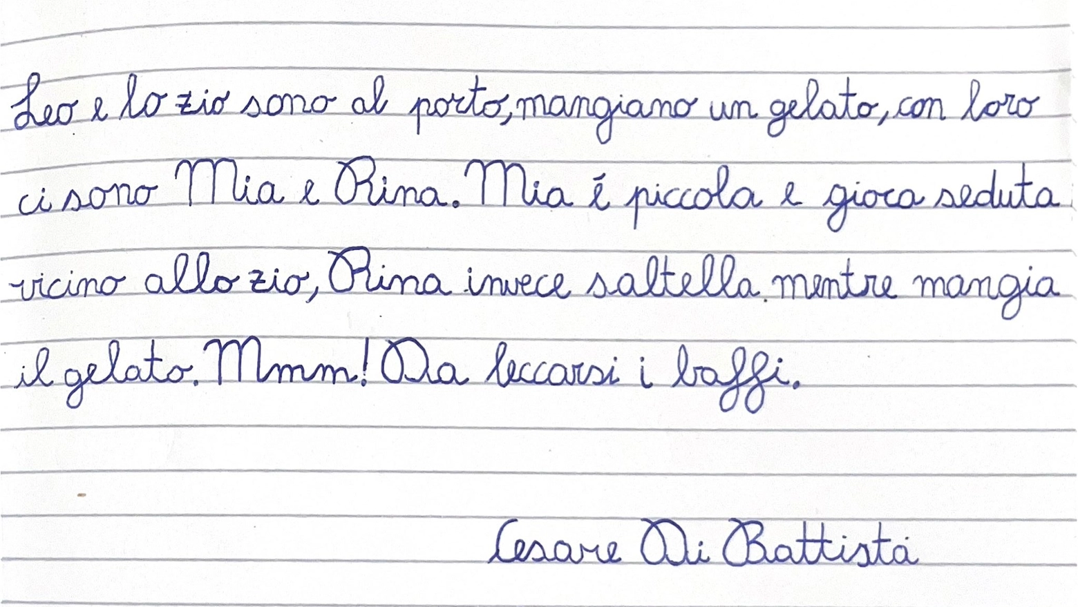 Il saggio di calligrafia di Cesare Di Battista, uno dei bambini premiati