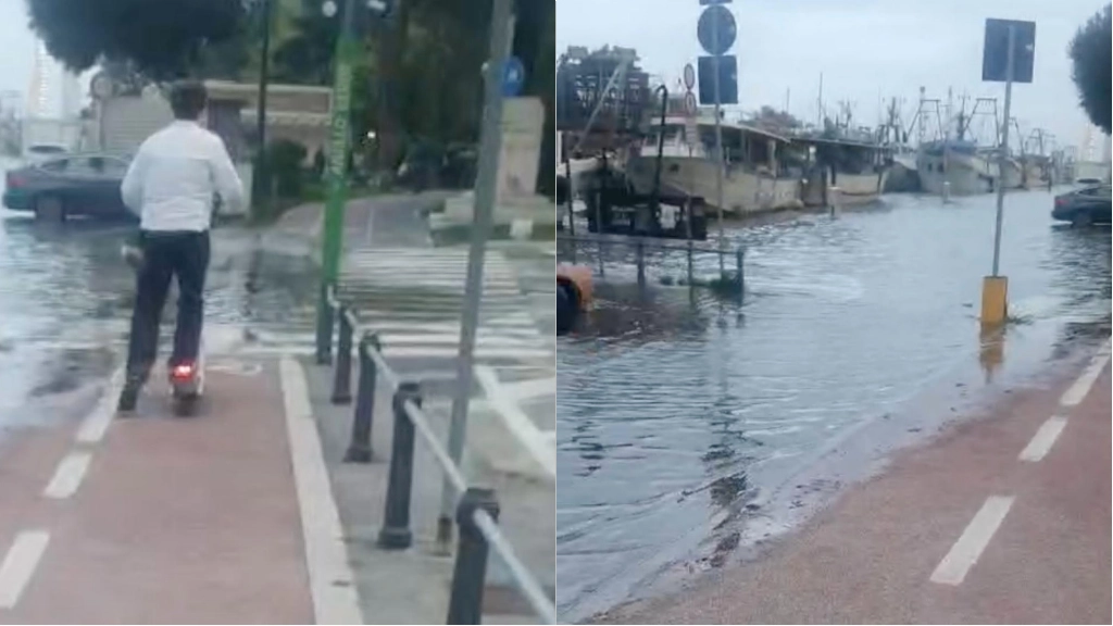 Burrasca a Rimini: due immagini che testimoniano l'acqua alta al portocanale