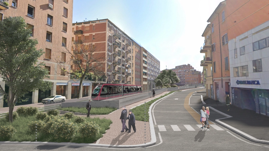 Il rendering del progetto del tram in via Riva di Reno