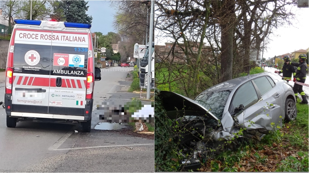 Incidente mortale a Colli Metauro: l'ambulanza sul posto e, a destra, l'auto che ha travolto il motorino con a bordo la vittima: è finita contro un albero