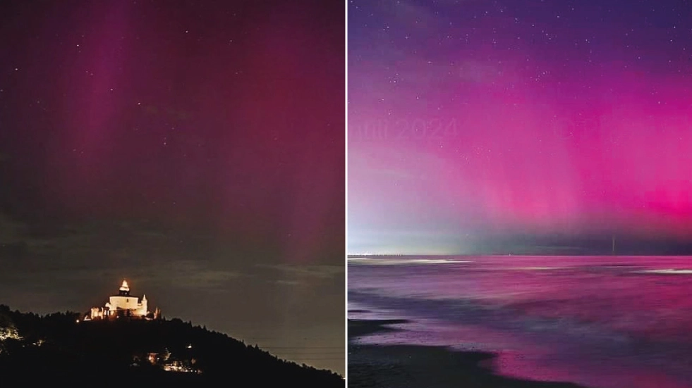A sinistra, lo spettacolo dell'aurora boreale sopra la Basilica di San Luca a Bologna (foto dal profilo Instagram Spiderrez). A destra, il cielo rosa sopra la riviera romagnola (foto dal profilo Instagram di Stefano Bonaccini)