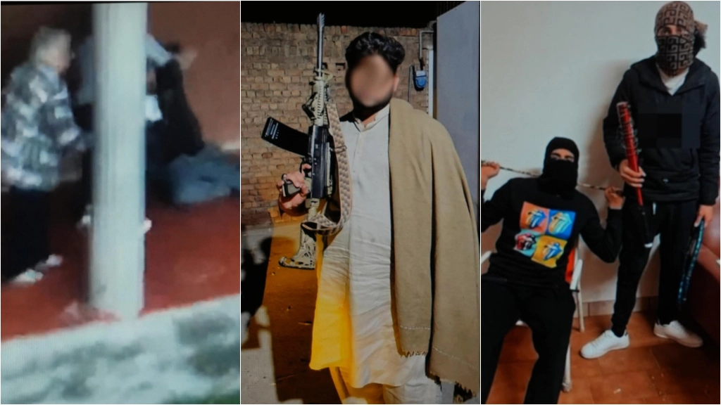 Alcune immagini dei membri del sodalizio con armi in pugno e, a sinistra, un episodio violento