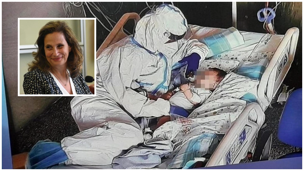 L’infermiera Katia Sandroni coccola un neonato positivo al Covid nel reparto di pediatria dell’ospedale Salesi di Ancona. A sinistra, la virologa Ilaria Capua