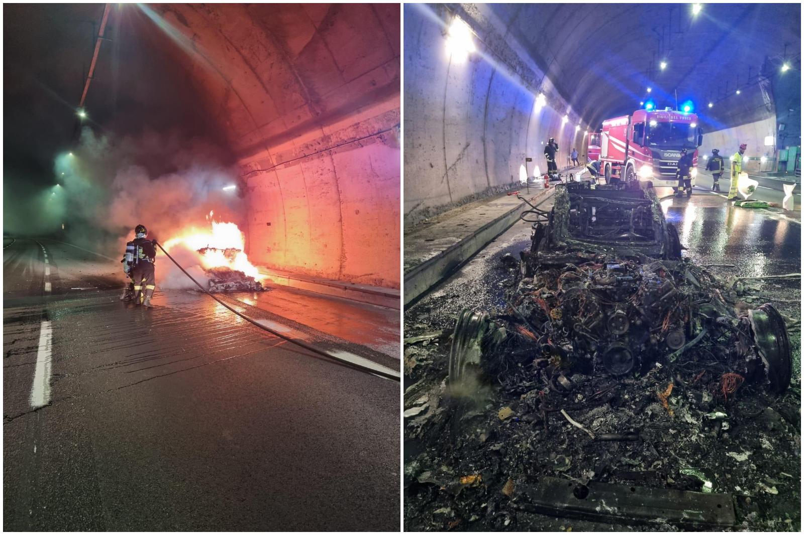 Auto divorata dalle fiamme in galleria, paura in A1 Auto divorata dalle fiamme in galleria, paura in A1