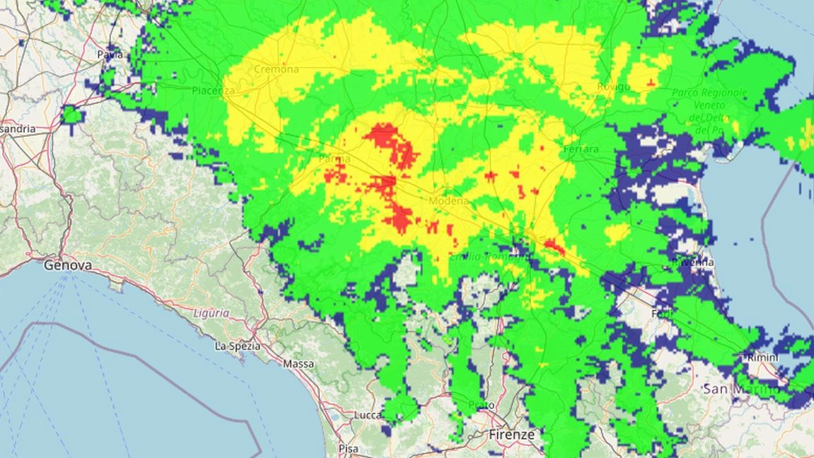 Radar meteo sull'Emilia Romagna: la perturbazione di oggi, 22 aprile (Openstreetmap, Arpae)