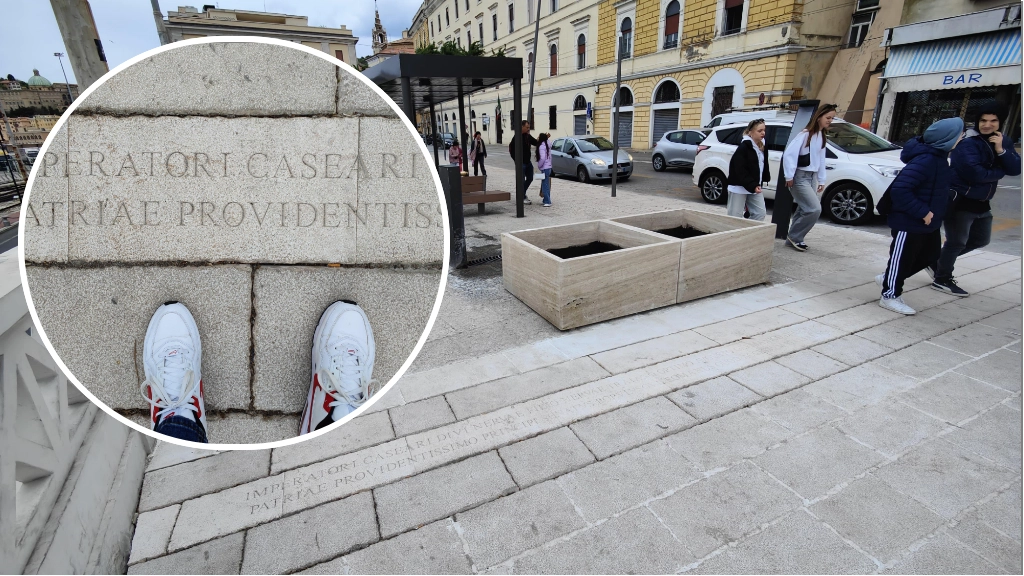 La scritta che simboleggia l'omaggio di Ancona all'imperatore Cesare anche sulla nuova pavimentazione di via XXIX Settembre. Peccato però che l’imperatore diventa “caseari” anzichè “caesari”