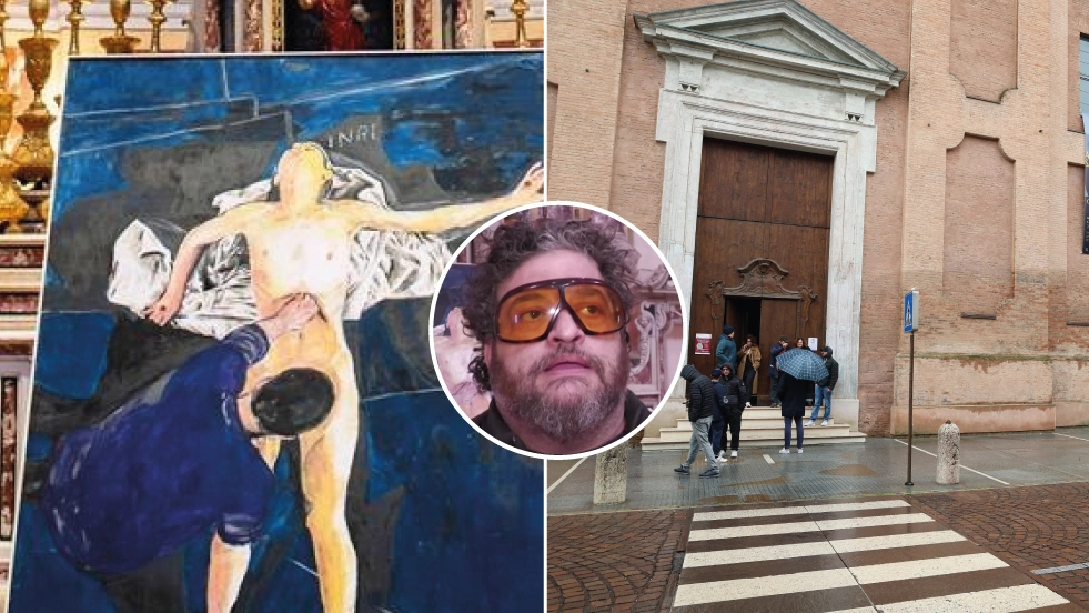 A sinistra l'opera incriminata, a fianco la chiesa Sant'Ignazio di Carpi dove è esposta la mostra. Nel riquadro l'artista Andrea Santini