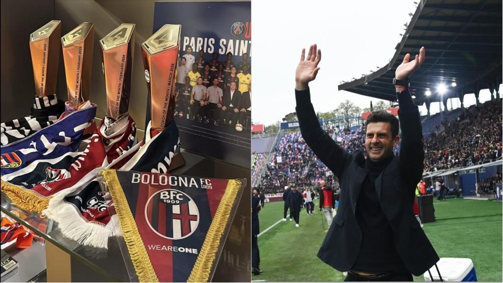 Bologna, la moglie di Thiago Motta celebra l’allenatore con una foto: in bacheca i premi vinti, il gagliardetto e le sciarpe rossoblù