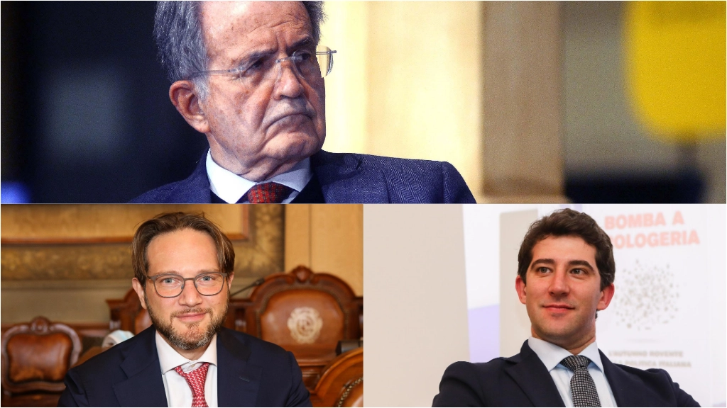 Sopra, l'ex premier Romano Prodi. Sotto, a sinistra, Michele Campaniello (Pd); a destra, Stefano Cavedagna (FdI)