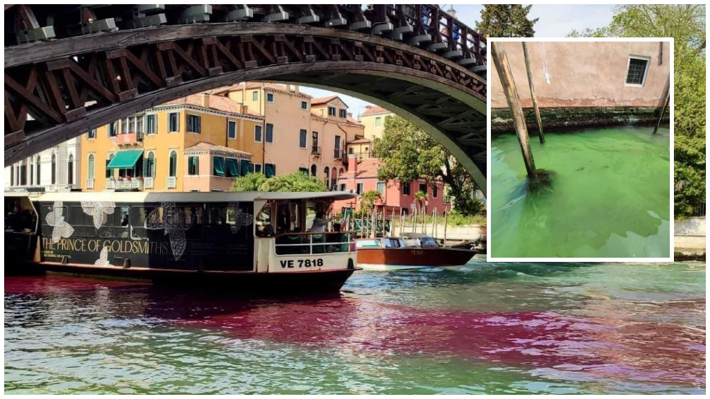 L'acqua colorata di rosso e di verde nel Canal Grande di Venezia: denunciati due artisti francesi