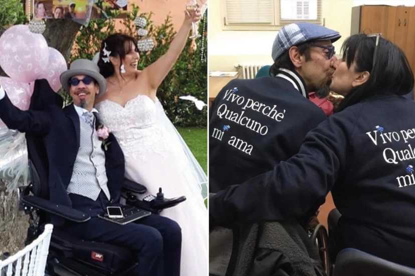 Tony Golfarelli insieme a Simona Monaldi, sua moglie, il giorno del matrimonio, nel giugno del 2019 e a fianco con le felpe che rappresentano il loro modo di vivere