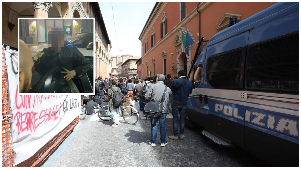 Il presidio davanti al Tribunale; nel riquadro, il momento in cui l’attivista diciannovenne è stato fermato dai carabinieri