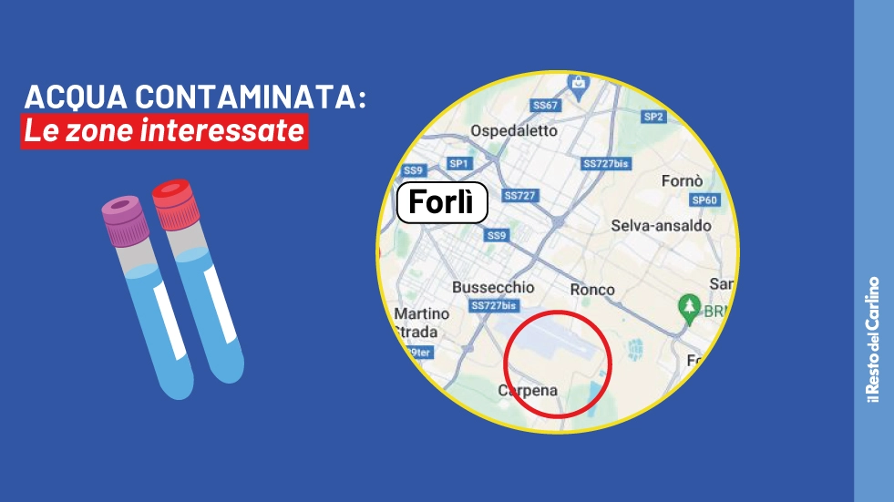 La piantina di Forlì con la zona interessata alla contaminazione dell'acqua nel cerchio rosso