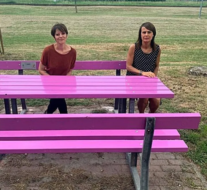 La panchina viola della gentilezza installata al Parco Piave di Massa Lombarda