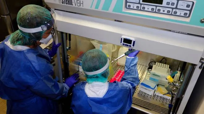 CORONAVIRUS OSPEDALE  San  Martino nuovi laboratori CBA convertiti dalla Direzione Scientifica ai processi  test  tamponi. Personale sanitario con protezioni