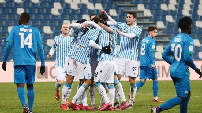Spal's  Simone Missiroli    jubilates with his teammates after scoring the goal during the Italy Cup round of sixteen soccer match US Sassuolo vs S.P.A.L. at Mapei Stadium in Reggio Emilia, Italy, 14 January 2021 ANSA /SERENA CAMPANINI